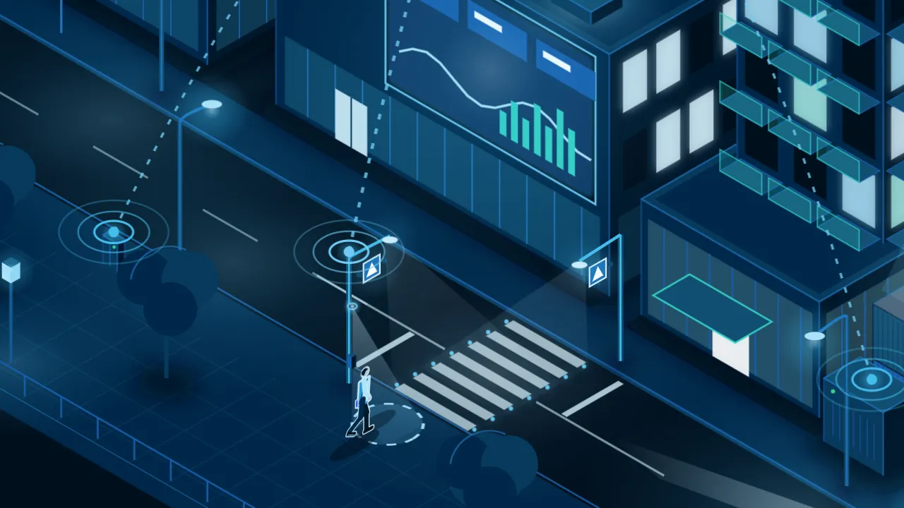 Illustration: a detection ring lights up on the pavement around the man at the kerb.