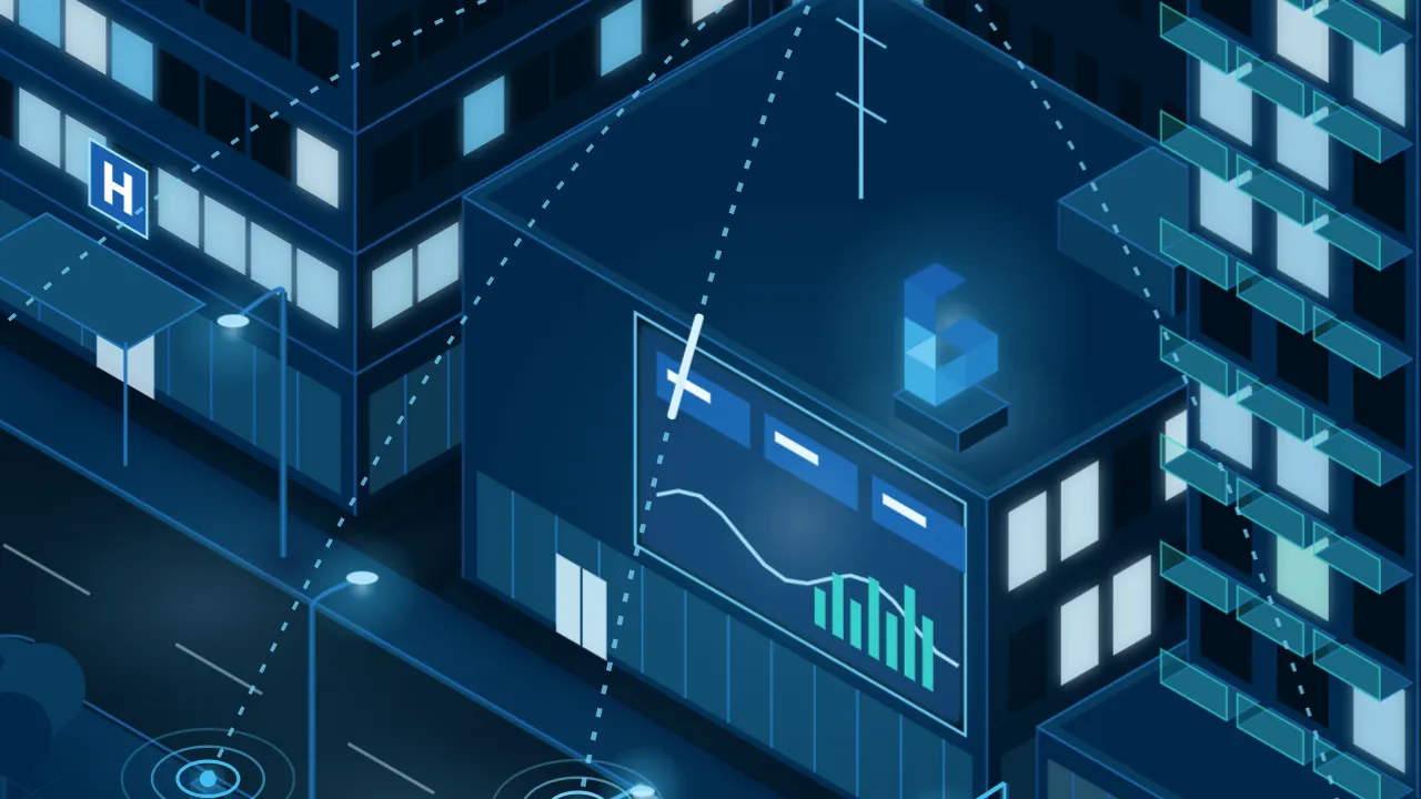 Illustration: a data link carries the event from the street to the central building, whose facade shows a dashboard.