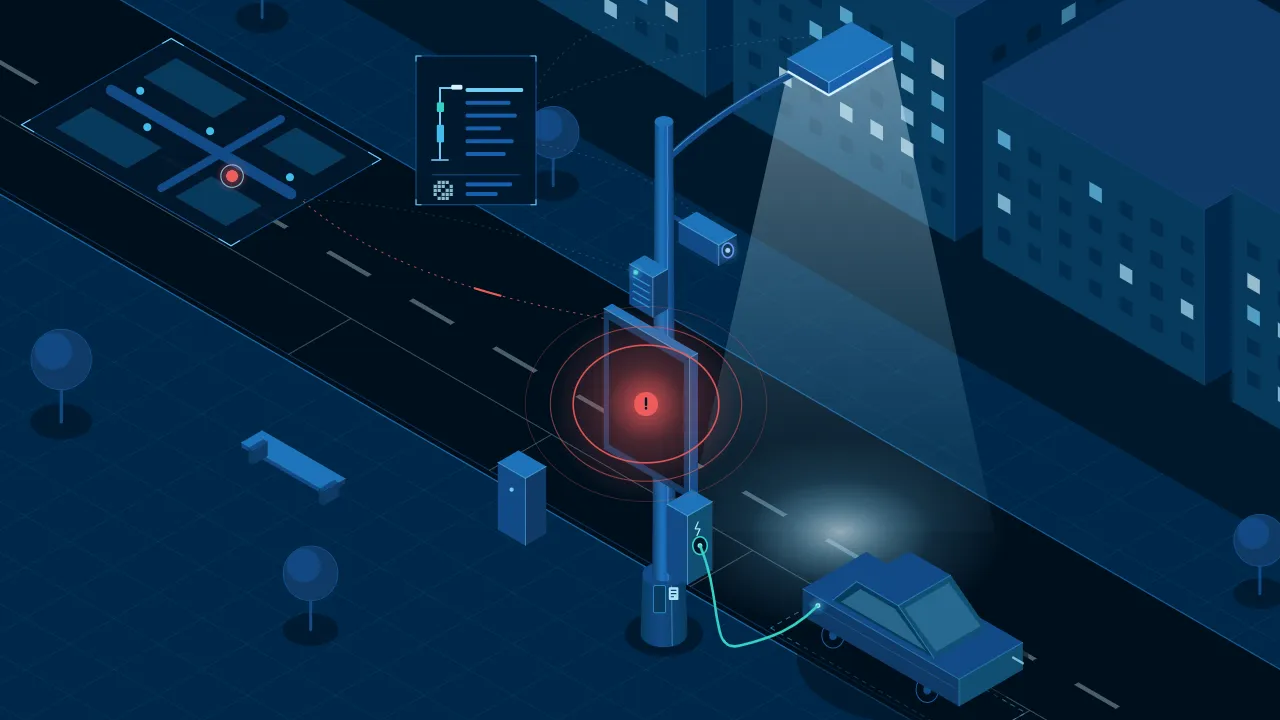 Illustration: the display panel on the pole has gone dark, red alarm rings surround it, and the pole’s pin on the map turns red.
