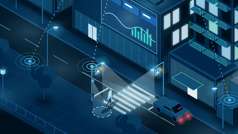 Illustration of a smart pedestrian crossing at night: a pedestrian on the zebra, lights in the road and a floodlight, a car waiting.