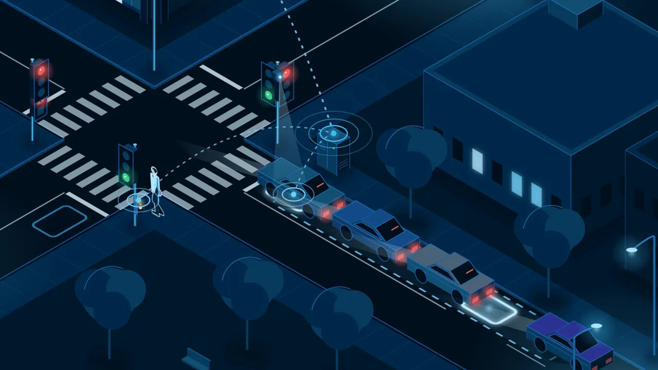 Illustration: cars queue at a red light on the main road, while the side road has green.