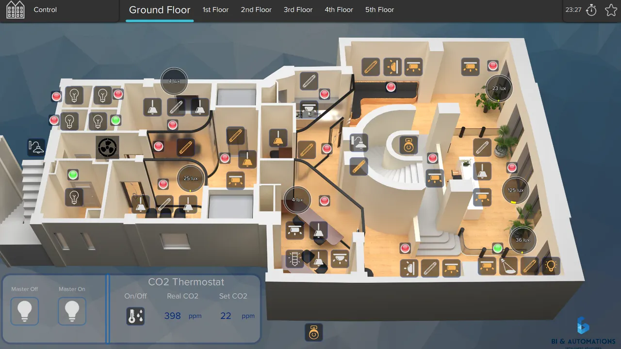 Office building control screen at Eurobank Central Offices, Thessaloniki: 3D plan of the ground floor with light switches, lux readings and status lights in each room, and a CO2 thermostat panel.