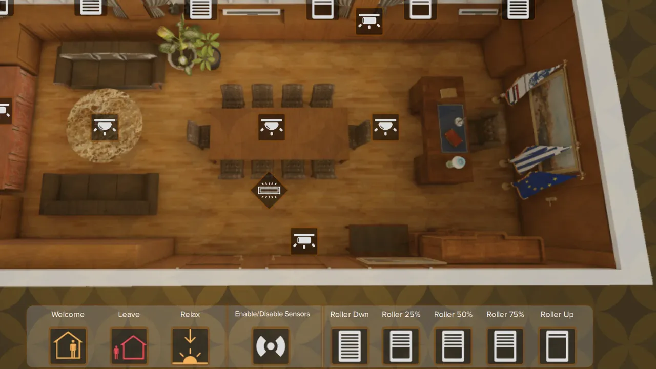 Top-down 3D view of an office in the Piraeus town hall with light and roller-blind controls on the plan, and scene buttons for Welcome, Leave and Relax, sensors on and off, and roller-blind positions.