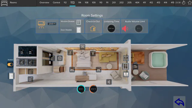 Room 113 control screen: 3D plan of the suite with light and blind controls, plus air conditioning, window and door contacts, check-in status and an audio volume limit.