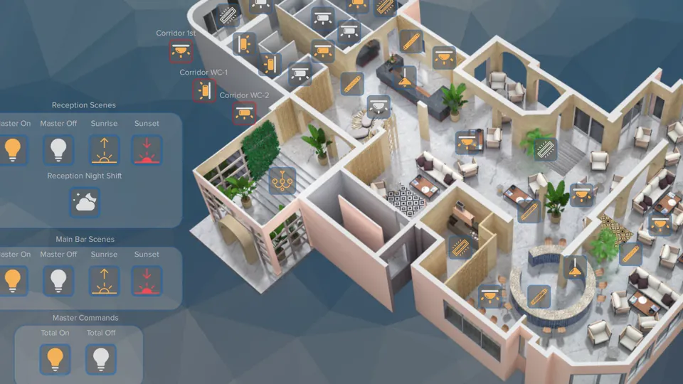 Reception control screen at the Cora Resort and Spa: 3D plan of the reception and bar with light controls, and scene buttons for sunrise, sunset, night shift and master on and off.