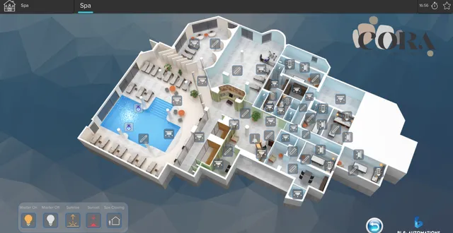 Spa lighting control screen: 3D plan of the spa with the pool, treatment rooms and light controls, and scene buttons for Master On, Master Off, Sunrise, Sunset and Spa Closing.