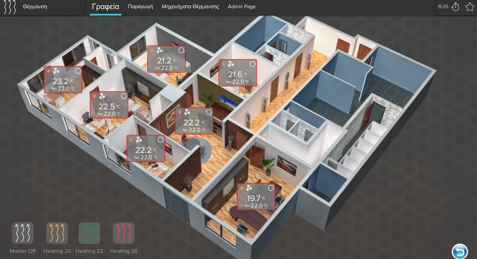 Offices heating screen at the Faethon meat factory, in Greek: 3D plan of the offices with each room’s temperature and setting, and buttons for Master Off, Heating 20, Heating 22 and Heating 26.