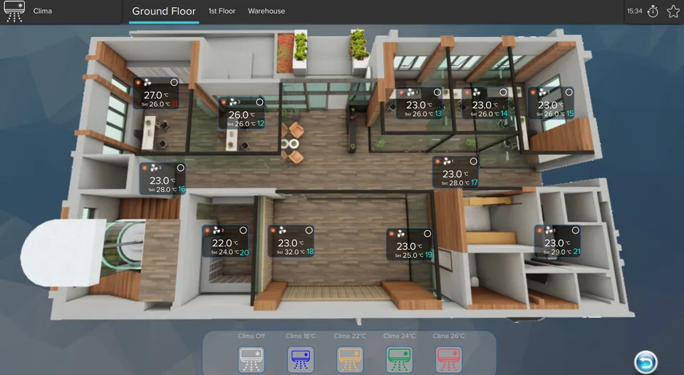 Climate screen at the Katsaros water filters factory: 3D plan of the ground floor with eleven climate units, each showing the room temperature and its setting, and buttons from Clima Off to Clima 26°C.