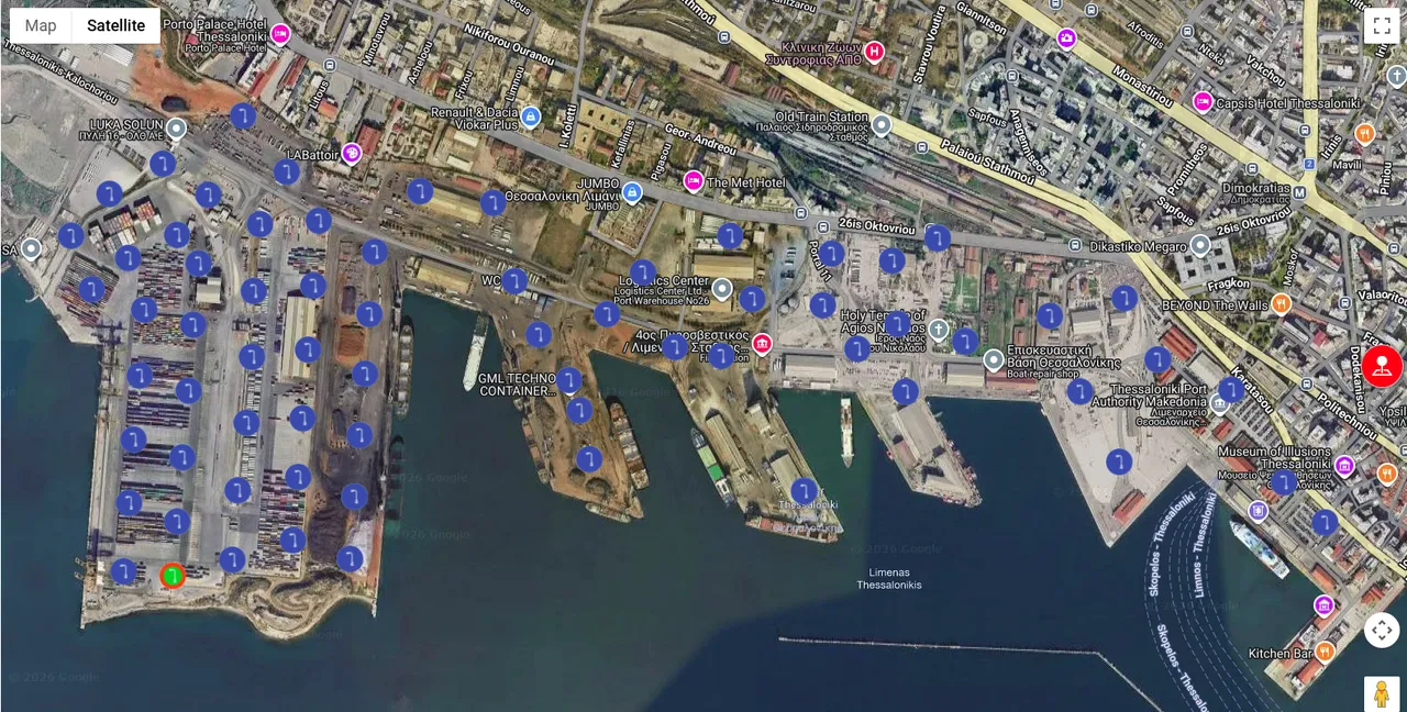 Satellite map of the Port of Thessaloniki on our dashboard, with a marker on every lighting pole across the quays and piers, and the Map and Satellite switch at the top left.